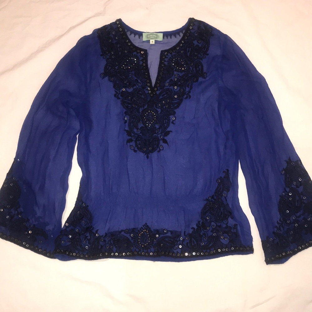 Silk chiffon embroidered blouse royal blk